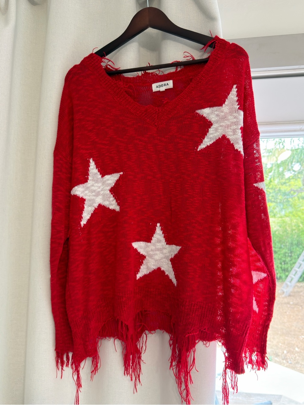 ADORA Red Star-Print Distressed V-Neck Sweater